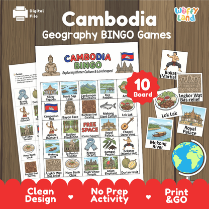 Cambodia educational bingo game worksheet featuring Angkor Wat bas-reliefs, Apsara dancers, Bokator, Lok Lak, and Krama scarf