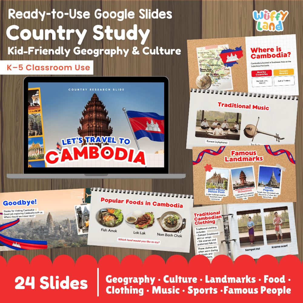 A4 doodle coloring poster of Cambodia showing map outline, Tonle Sap Lake, Angkor Wat temple, Giant Ibis, and Khmer greetings