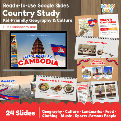A4 doodle coloring poster of Cambodia showing map outline, Tonle Sap Lake, Angkor Wat temple, Giant Ibis, and Khmer greetings