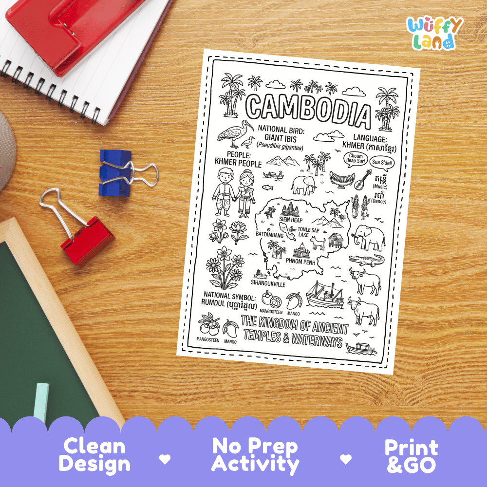 Doodle map coloring sheet showing Cambodia, Phnom Penh, Siem Reap Angkor Wat, Battambang, and Tonle Sap Lake