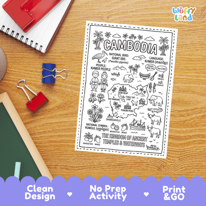 Doodle map coloring sheet showing Cambodia, Phnom Penh, Siem Reap Angkor Wat, Battambang, and Tonle Sap Lake