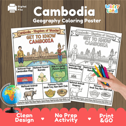 Cambodia Geography Coloring Poster and Fact Sheet Printables