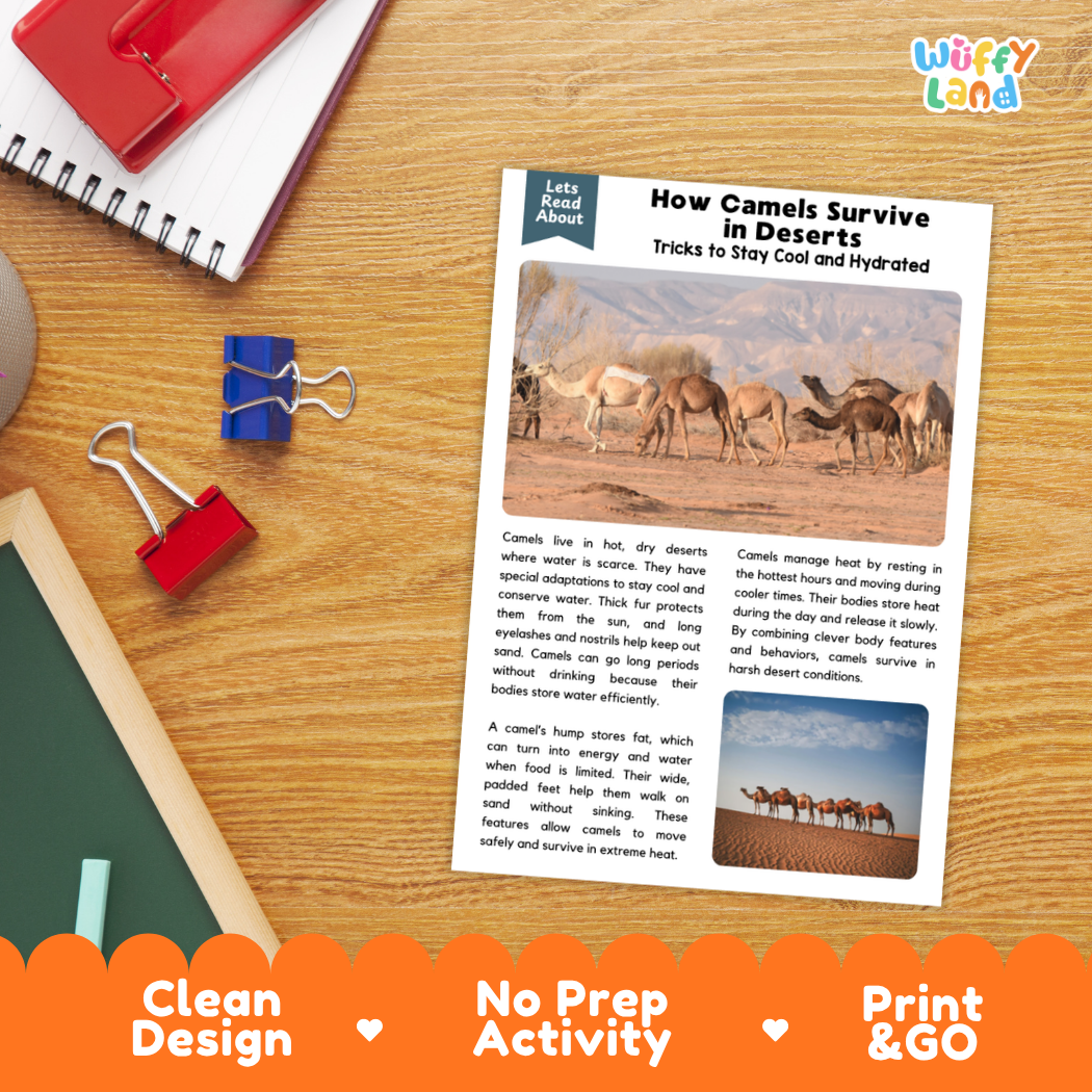 Printable student worksheet with short-answer reading comprehension questions covering camels and adaptations