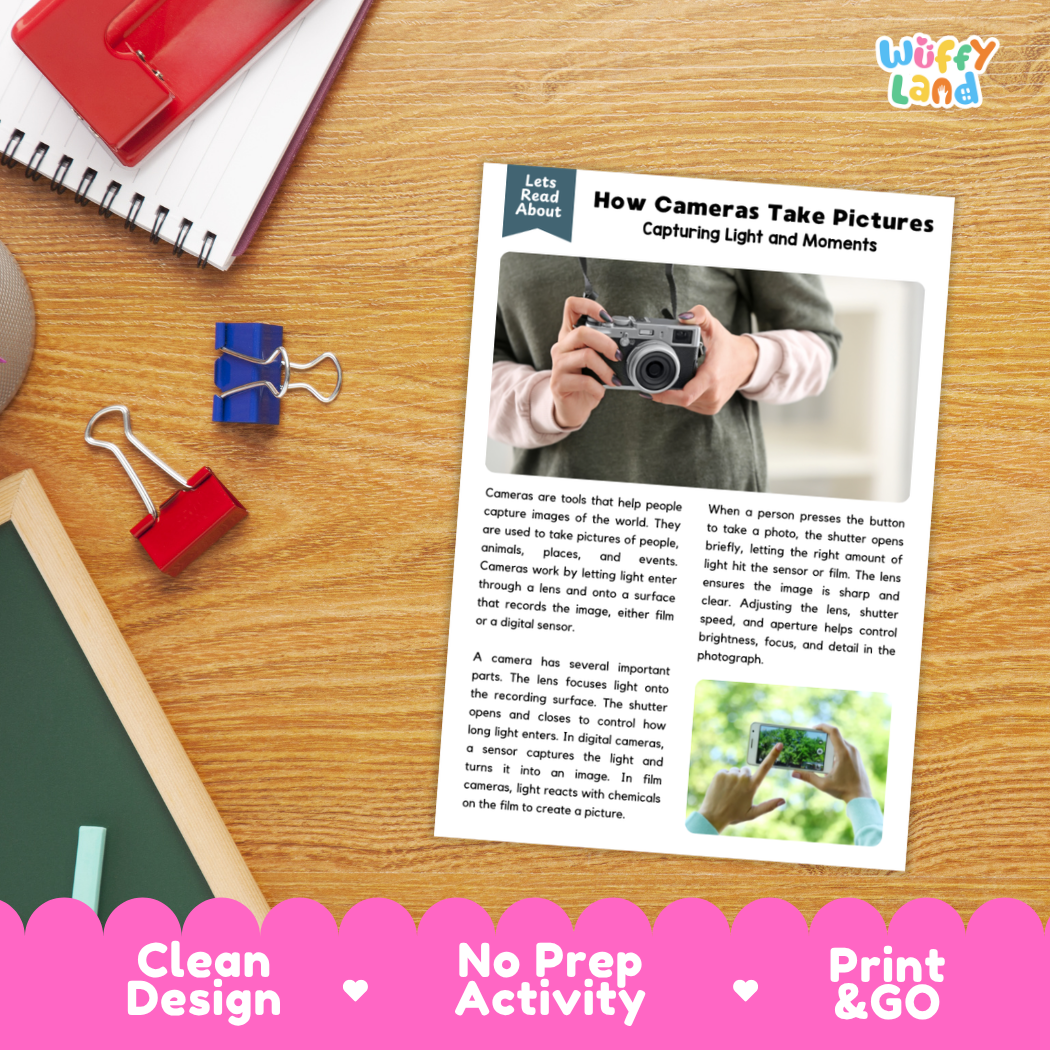 Printable student worksheet with short-answer reading comprehension questions covering cameras and optics
