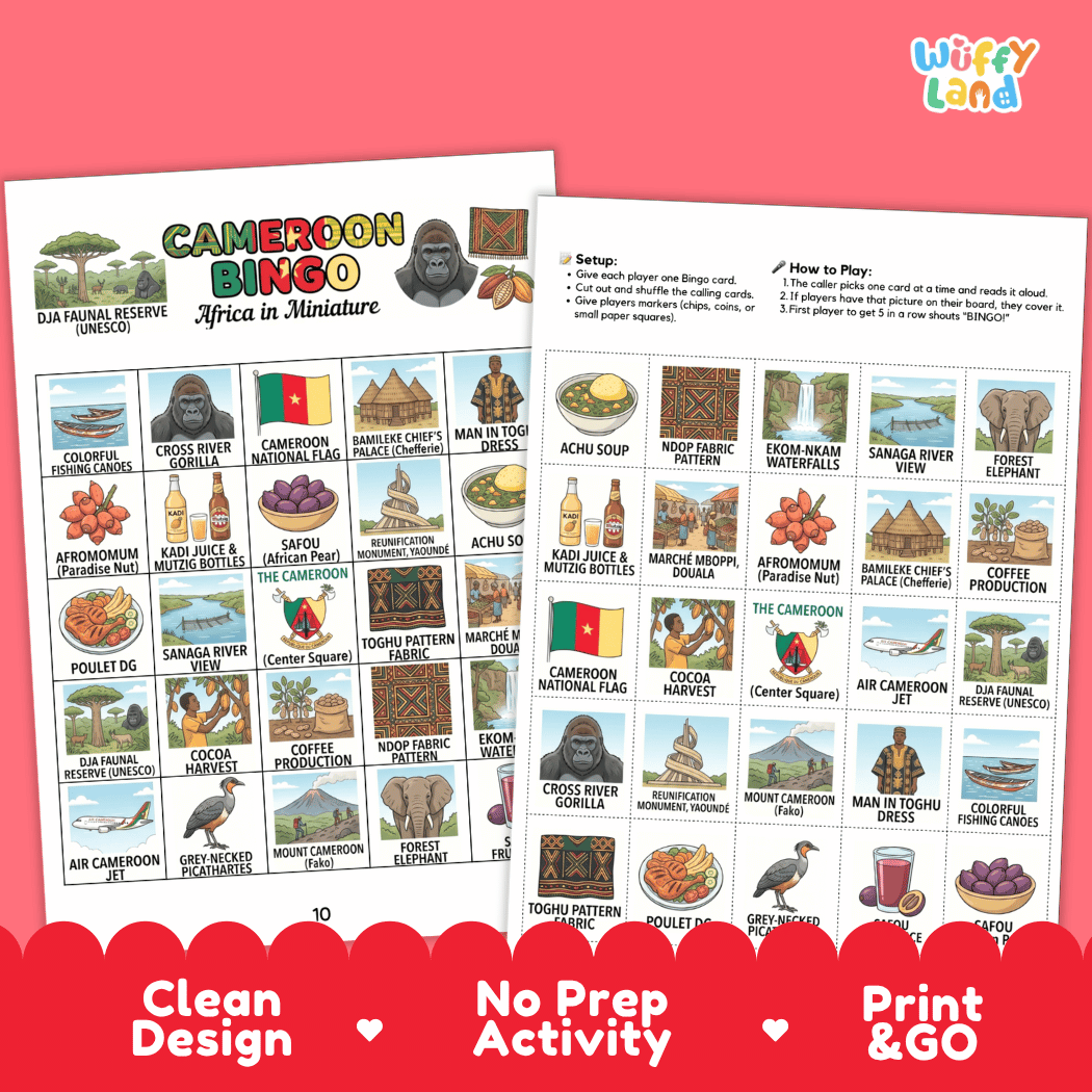 Cameroon Geography BINGO Games Printable Country Study Activity Cards