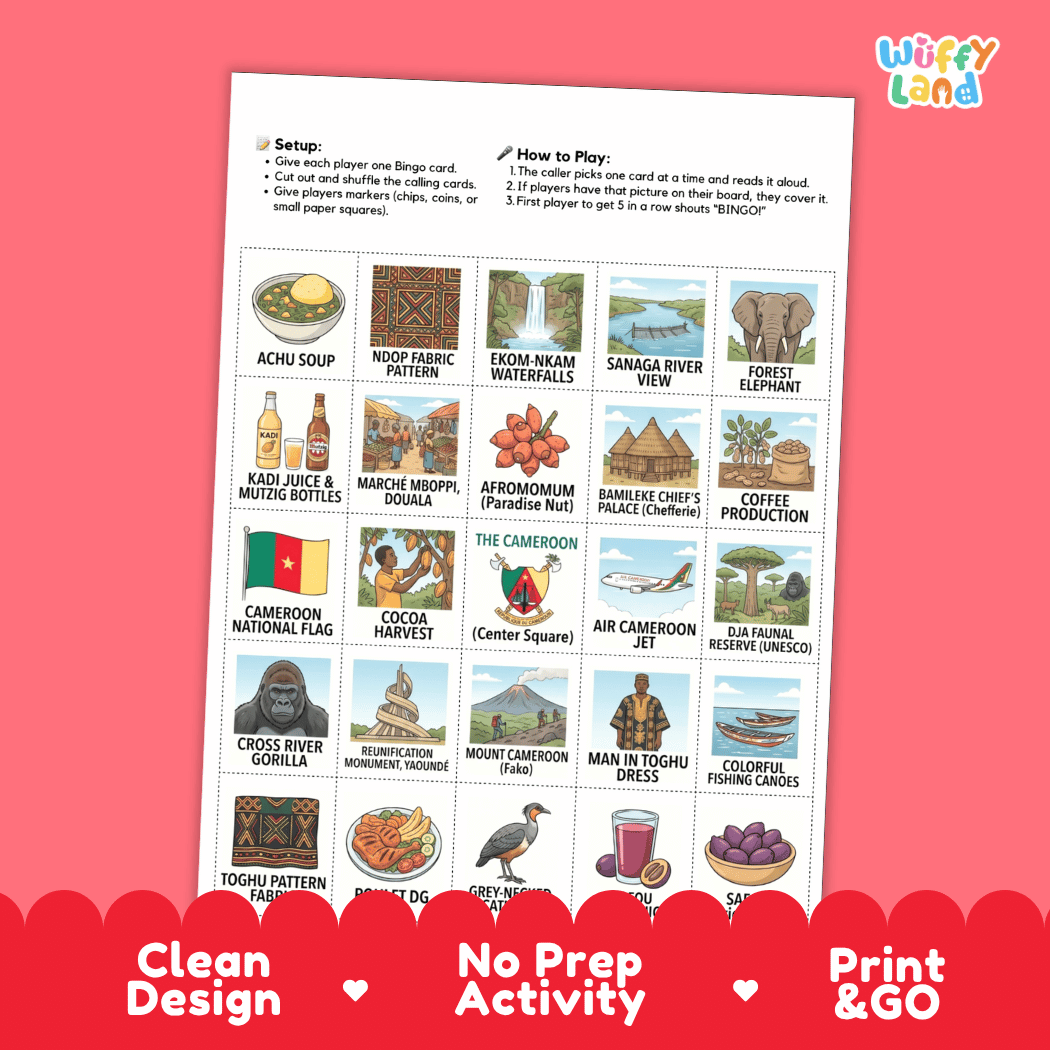 Cameroon Geography BINGO Games Printable Country Study Activity Cards