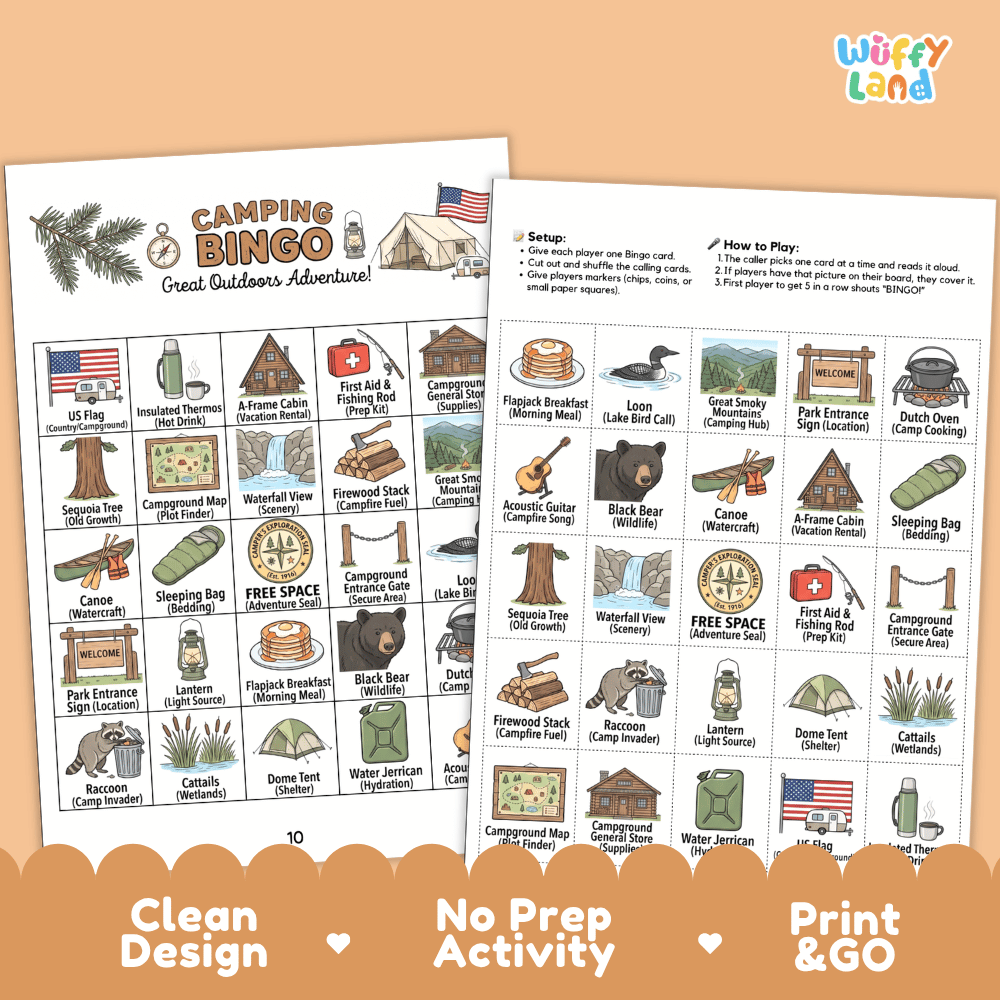 Camping Great Outdoors Adventure Bingo Games Printable Activity