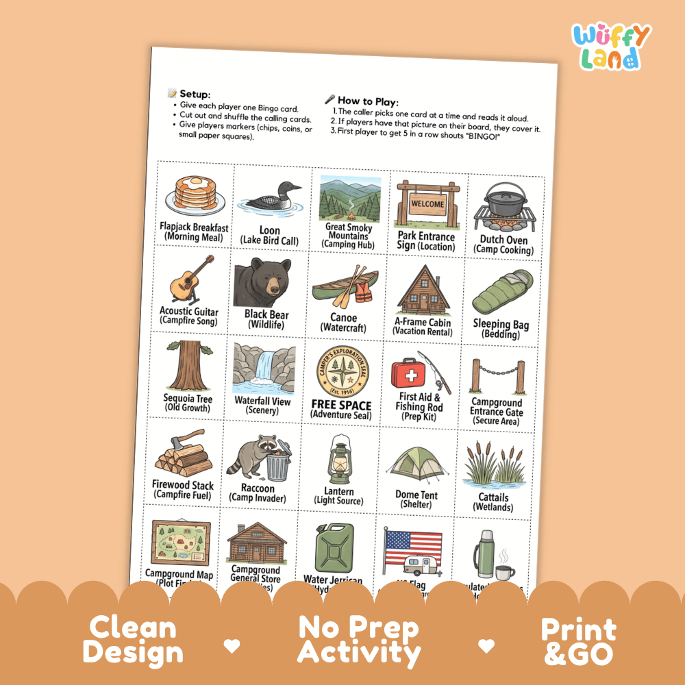 Camping Great Outdoors Adventure Bingo Games Printable Activity