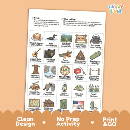 Camping Great Outdoors Adventure Bingo Games Printable Activity