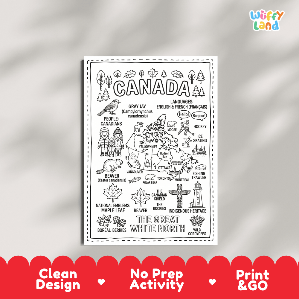 Educational activity coloring page highlighting Canada's national symbols including the Beaver, Maple Leaf, and Gray Jay