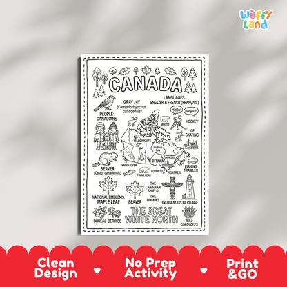 Educational activity coloring page highlighting Canada's national symbols including the Beaver, Maple Leaf, and Gray Jay