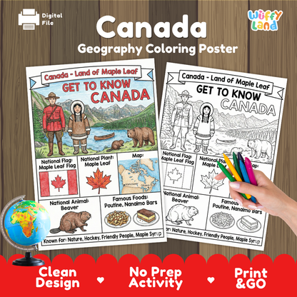 Get to know Canada coloring poster paired with photo flashcards of Vancouver City, Prince Edward Island, Moraine Lake, Moose, and Poutine