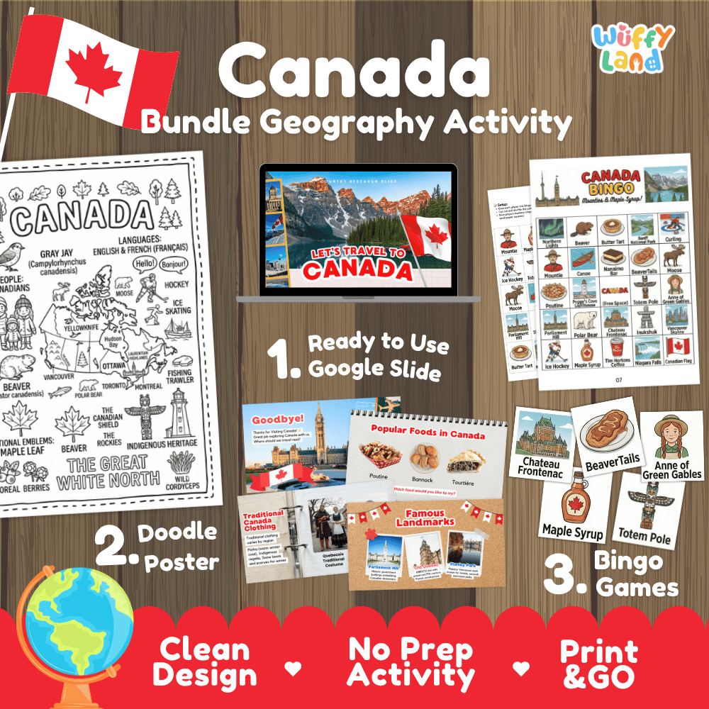 Complete Canada geography activity bundle featuring Google Slides, doodle coloring poster, and classroom bingo games 🇨🇦🎒