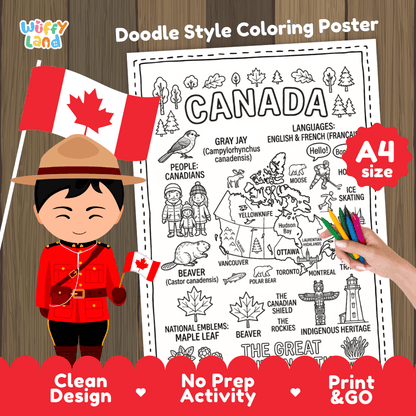 Canada country study doodle style coloring poster printable page featuring map, landmarks, and cultural symbols