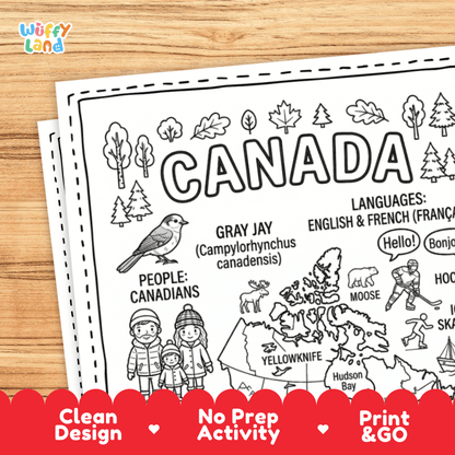 Cultural coloring page featuring RCMP Mountie uniform, Indigenous totem pole, ice hockey, and bilingual greeting speech bubbles