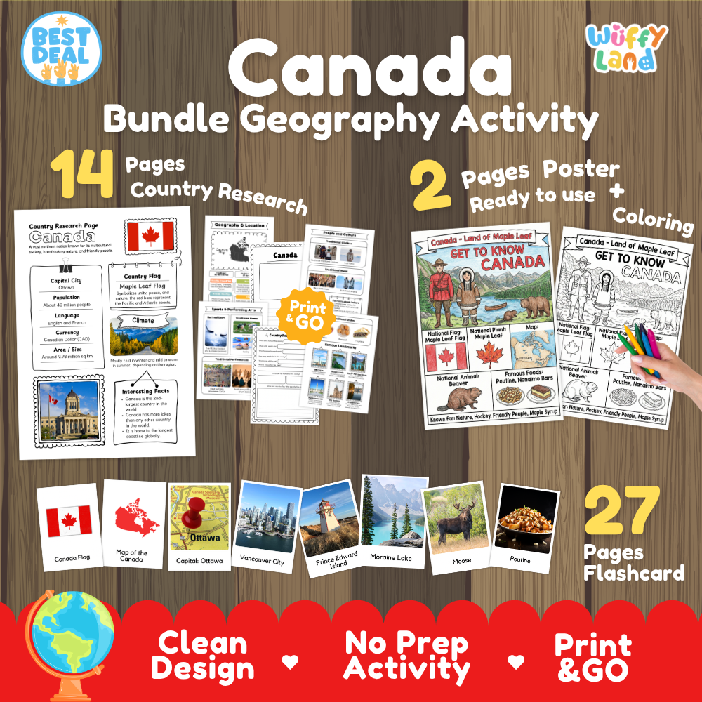 Canada geography activity bundle cover showing 14 country research pages, 2 ready to use coloring posters, and 27 photo flashcards