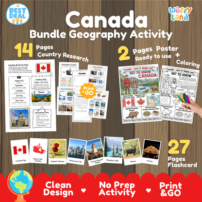 Canada geography activity bundle cover showing 14 country research pages, 2 ready to use coloring posters, and 27 photo flashcards