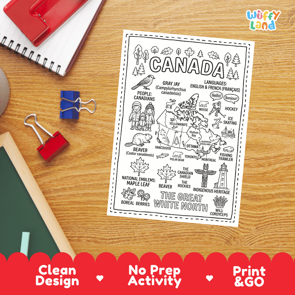 Doodle map coloring sheet showing Canada, capital Ottawa, Toronto, Vancouver, Montreal, and the Canadian Rockies