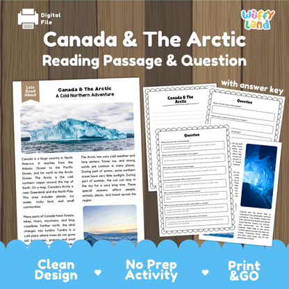 Canada and The Arctic reading comprehension passage and questions printable activity pack with answer key for elementary students