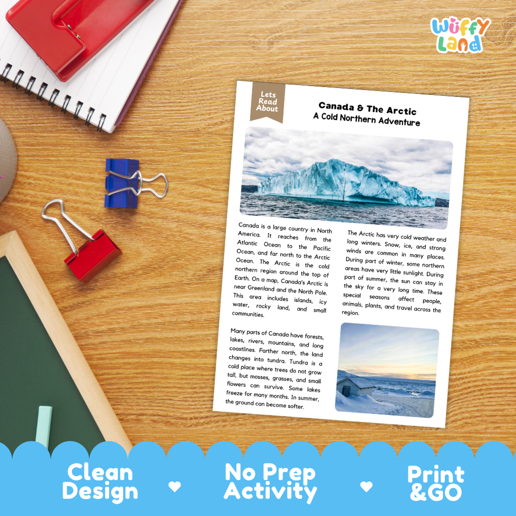 Student reading comprehension worksheet with short-answer questions and lined sections about Canada and the Arctic