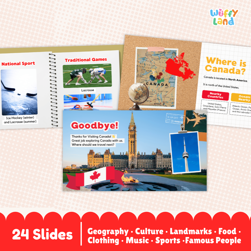 Canada travel-themed educational slide deck cover and preview pages from Wuffy Land, showing sample slides on national sport, traditional games, a map of Canada, and a goodbye collage with Canadian landmarks and flags.