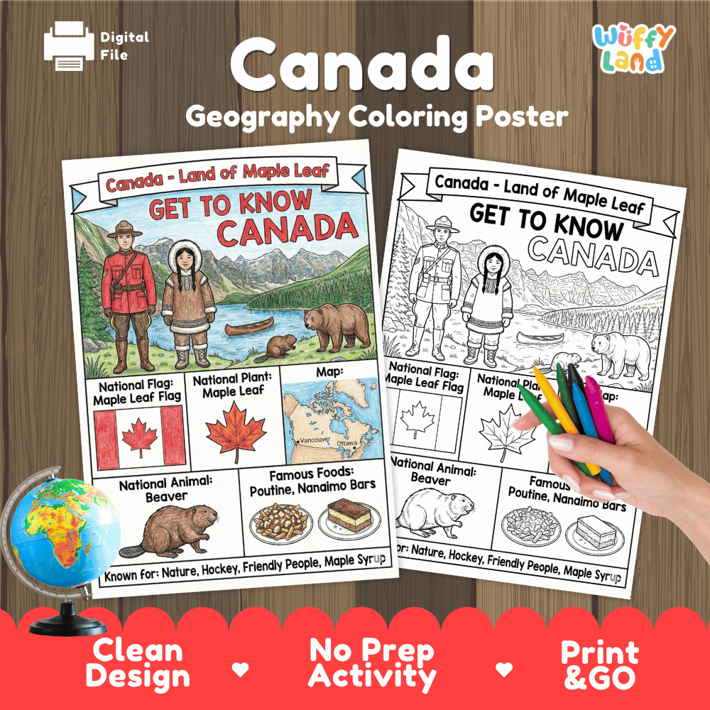 Canada Geography Coloring Poster and Fact Sheet Printables
