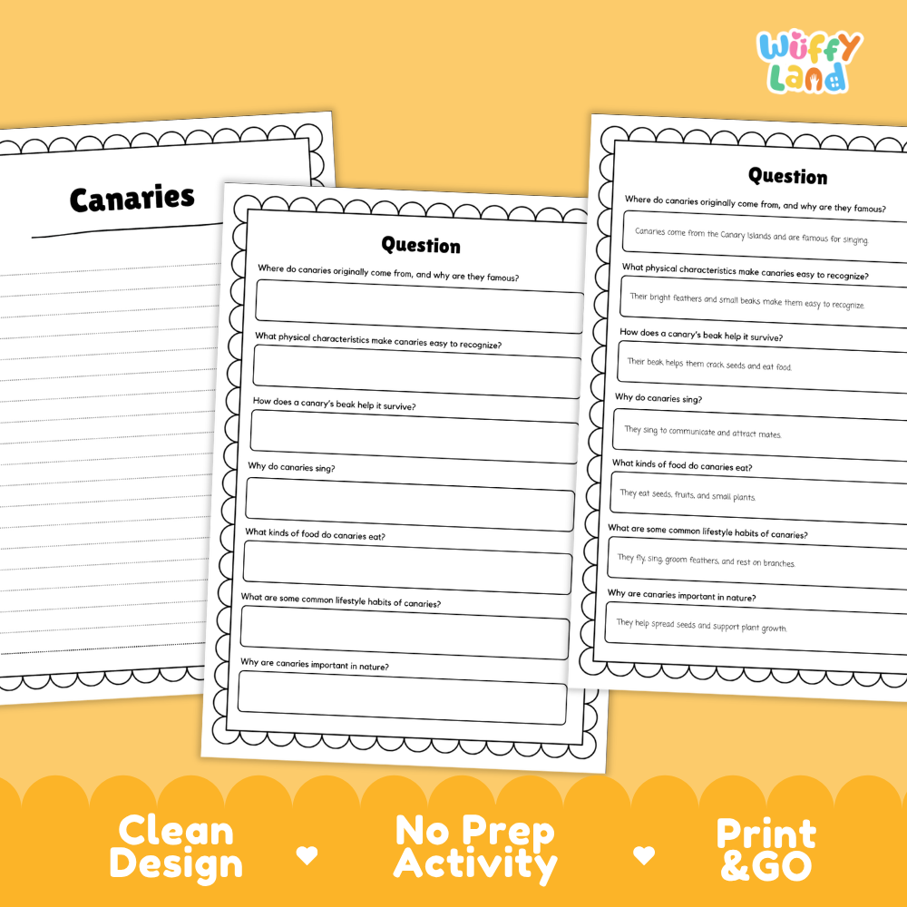 Canaries Reading Passage and Comprehension Questions Worksheets with Answer Key