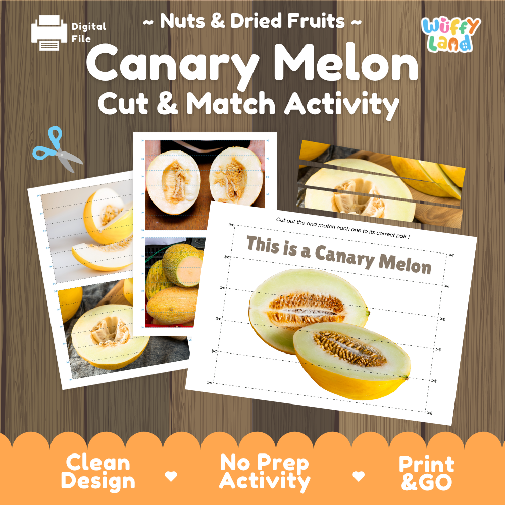 Canary melon cut and match activity cover showing printable fine motor puzzle sheets and melon photographs