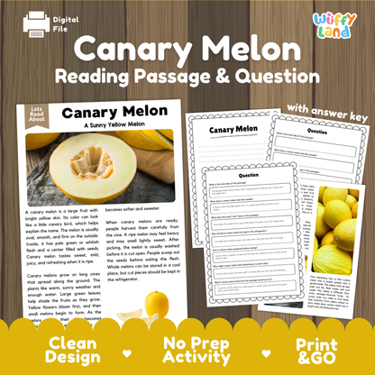 Canary Melon reading comprehension passage and questions printable activity pack with answer key for elementary students