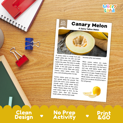 Student reading comprehension worksheet with short-answer questions and lined sections about the canary melon fruit