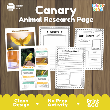 A digital preview of a 'Canary Animal Research Page' activity sheet set by Wiffy Land, displayed on a wood-grain background with a yellow banner at the bottom highlighting key features like 'Clean Design' and 'Print & GO'.
