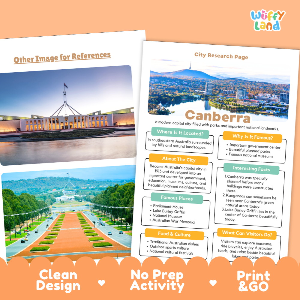 An educational city research activity sheet about Canberra, Australia, shown as a printed worksheet with colorful text boxes, maps, and photos. The sheet is displayed on an orange background with promotional text reading 'Other Image for References,' 'City Research Page,' 'Clean Design,' 'No Prep Activity,' and 'Print & GO.