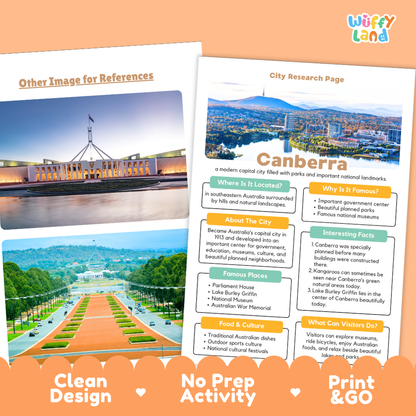 An educational city research activity sheet about Canberra, Australia, shown as a printed worksheet with colorful text boxes, maps, and photos. The sheet is displayed on an orange background with promotional text reading 'Other Image for References,' 'City Research Page,' 'Clean Design,' 'No Prep Activity,' and 'Print & GO.