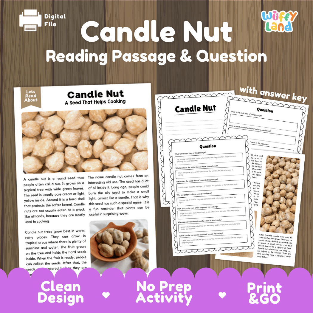 Digital reading activity sheet set titled 'Candle Nut Reading Passage & Question' with a sample passage, worksheet pages, and an answer key, shown on a wood-textured background with promotional text at the bottom.
