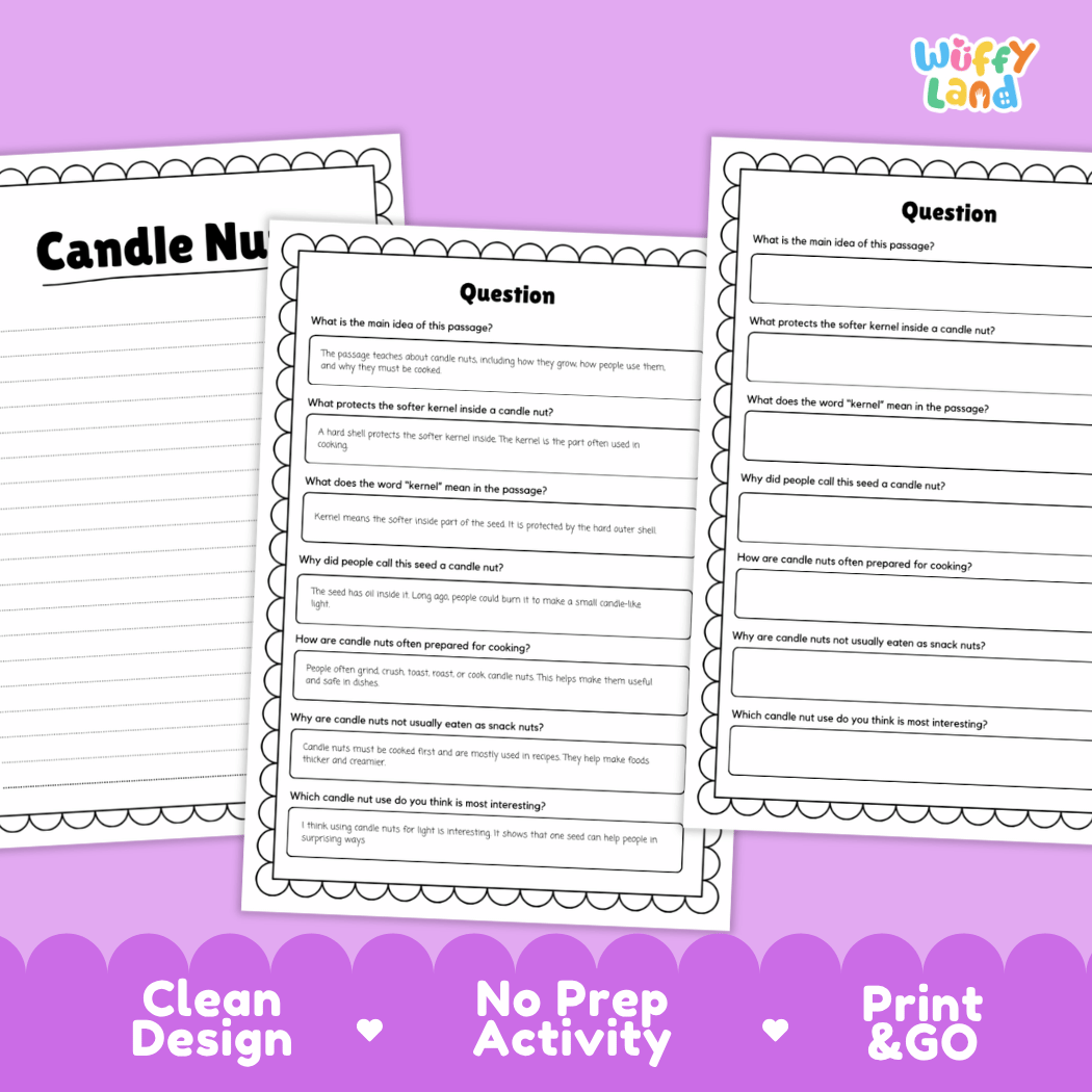 Three printable worksheet pages for a candle nut activity, displayed on a purple background with promotional text at the bottom. The worksheets feature black text on white pages with decorative scalloped borders and include a 'Wiffi Land' logo in the top right corner.