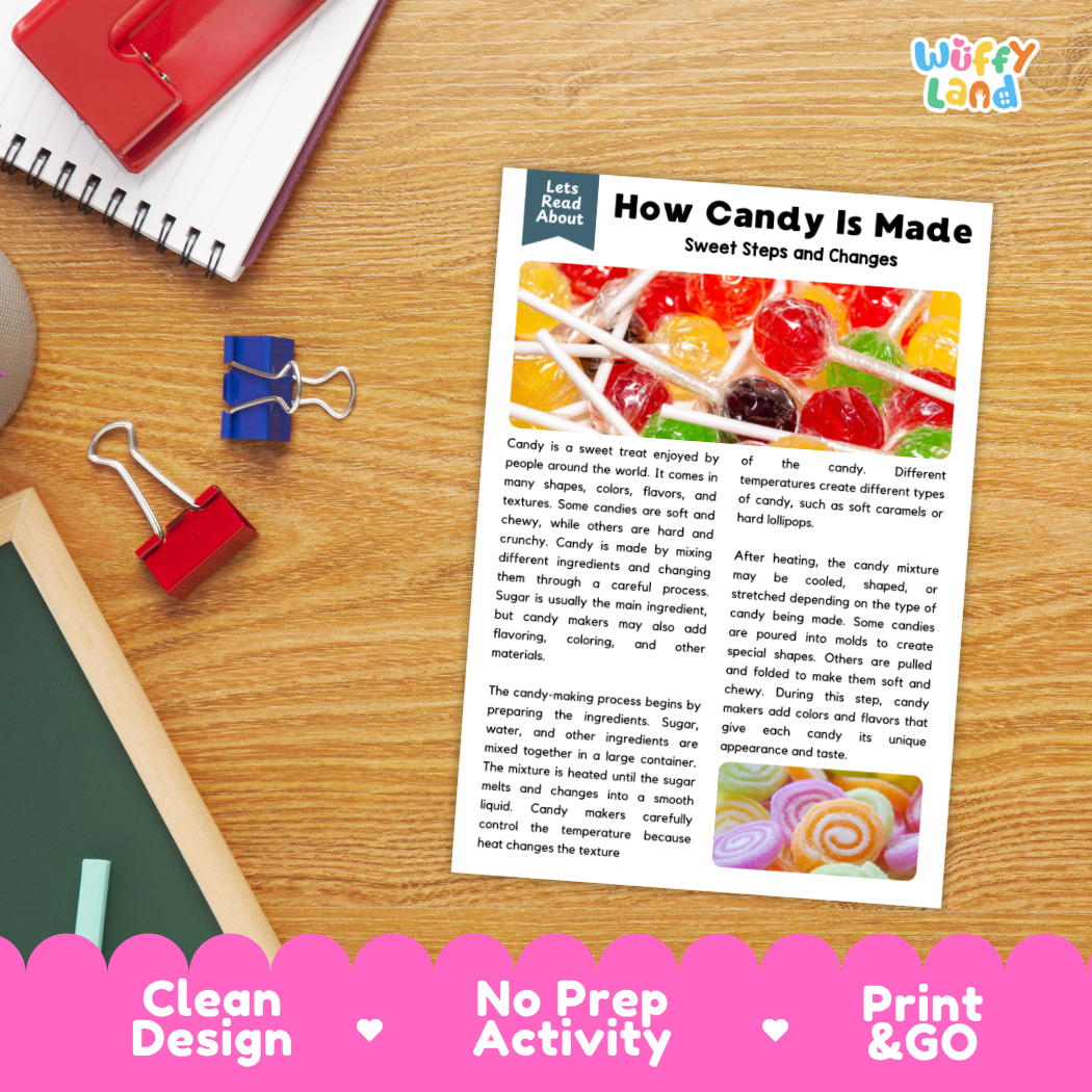 Printable student worksheet with short-answer reading comprehension questions covering candy production and food science