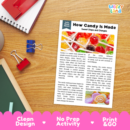 Printable student worksheet with short-answer reading comprehension questions covering candy production and food science