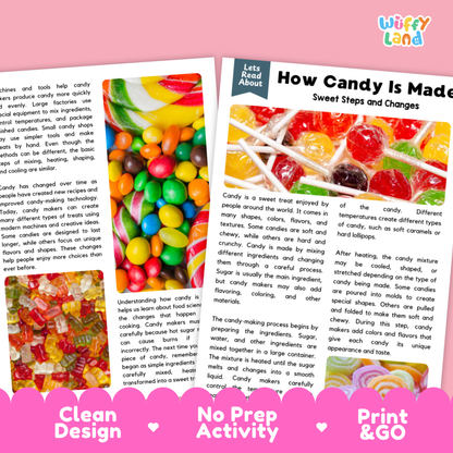 Complete teacher answer key worksheet providing detailed model responses for candy-making comprehension questions