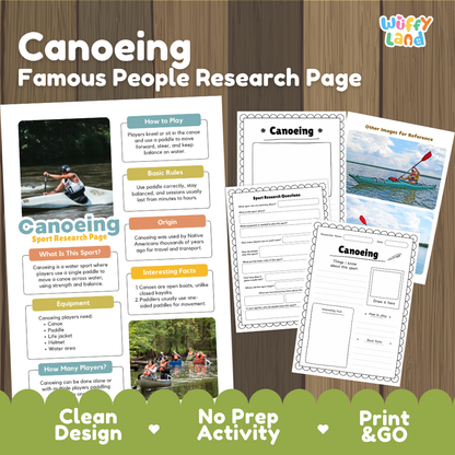 Canoeing Sport Research Project Worksheets and Fact Sheet Activity