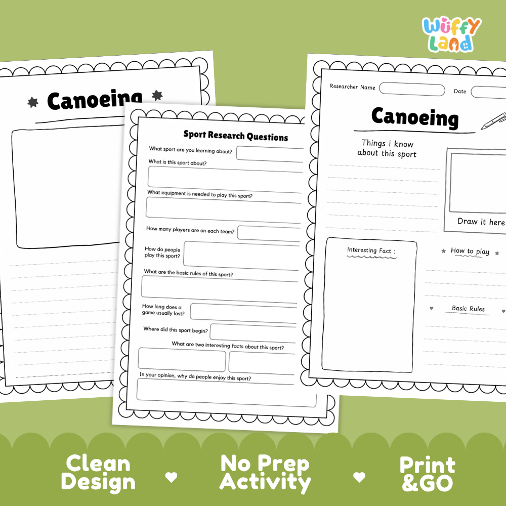 Three printable worksheet pages about canoeing are shown on a green background with marketing text at the bottom. The pages are black-and-white lined writing sheets with headings like 'Canoeina' and 'Sport Research Questions.