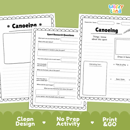 Three printable worksheet pages about canoeing are shown on a green background with marketing text at the bottom. The pages are black-and-white lined writing sheets with headings like 'Canoeina' and 'Sport Research Questions.