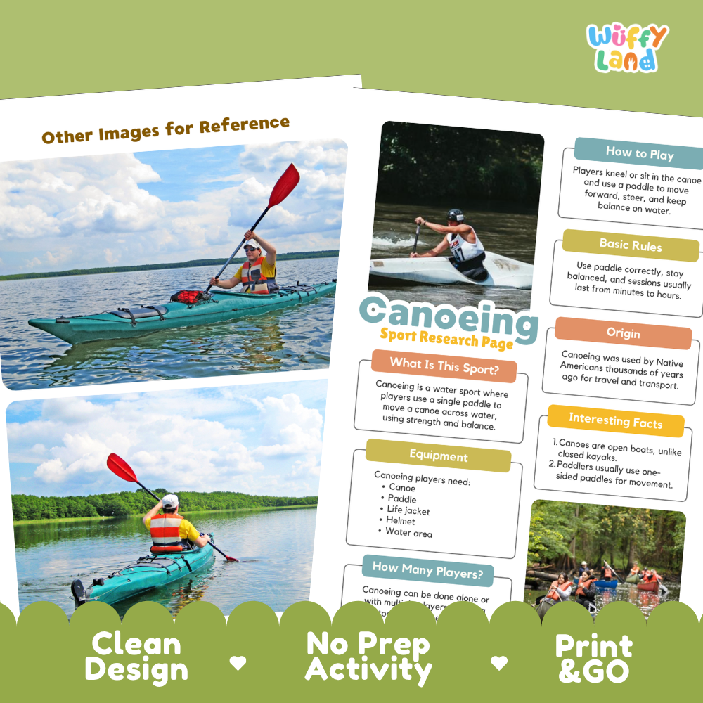 A printed activity sheet or booklet page about canoeing, shown on a green background with decorative text banners. The page includes photos of people canoeing on water, headings like 'Other Images for Reference,' 'Canoeing Sport Research Page,' 'How to Play,' 'Basic Rules,' 'Origin,' and 'Interesting Facts,' plus a 'Wiffly Land' logo in the top right.