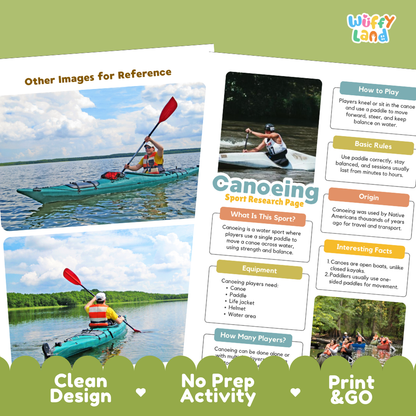A printed activity sheet or booklet page about canoeing, shown on a green background with decorative text banners. The page includes photos of people canoeing on water, headings like 'Other Images for Reference,' 'Canoeing Sport Research Page,' 'How to Play,' 'Basic Rules,' 'Origin,' and 'Interesting Facts,' plus a 'Wiffly Land' logo in the top right.