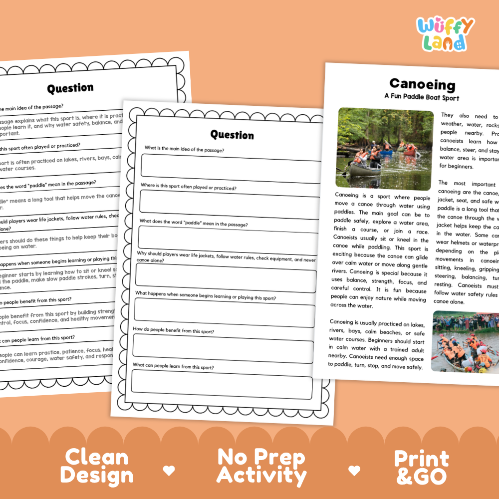 Canoeing Sports Reading Passages and Comprehension Questions Worksheets