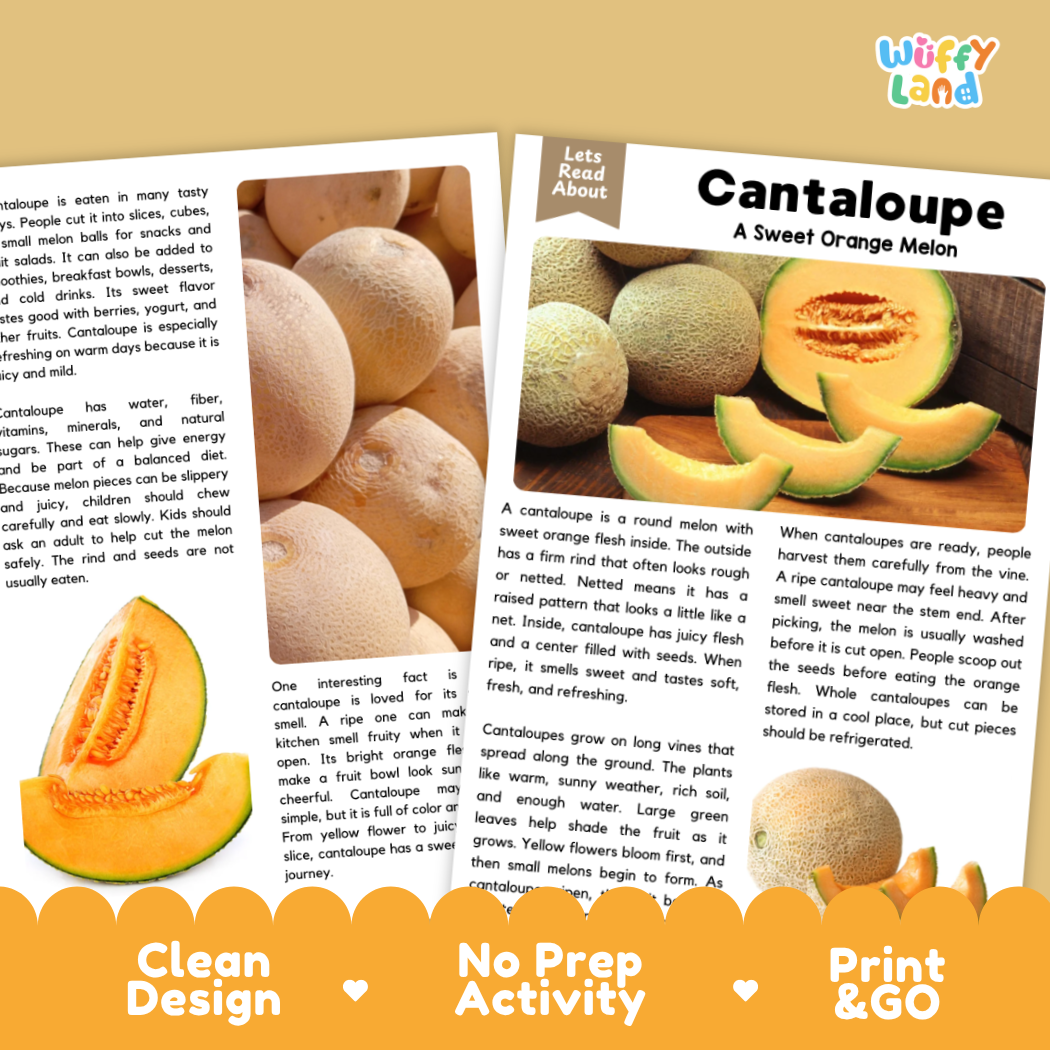 Teacher answer key page showing complete question solutions for Cantaloupe nature and science reading comprehension practice
