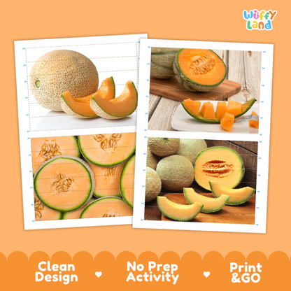 Printable activity sheets featuring photographic cantaloupe puzzle boards and cutting guides