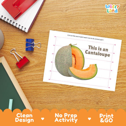 Close-up of puzzle worksheet showing cantaloupe images and dotted scissor lines