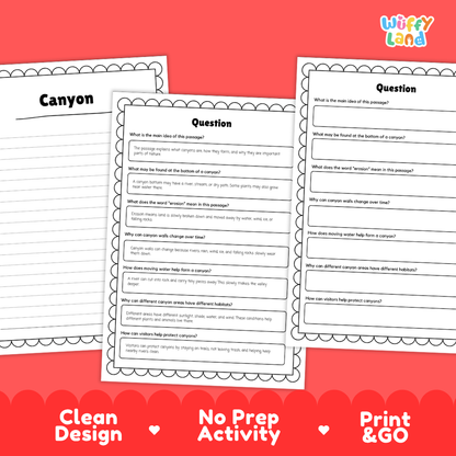 Three printable worksheet pages for canyon and river activity, shown on a bright red background with the text 'Clean Design', 'No Prep Activity', and 'Print & GO'. The worksheets have black text on white pages with decorative scalloped borders.