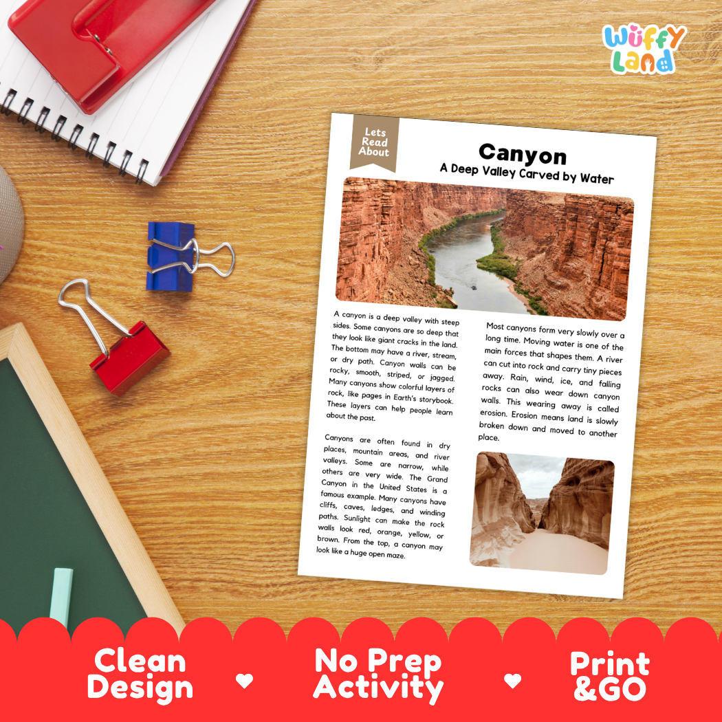 A printed educational activity sheet titled 'Canyon: A Deep Valley Carved by Water' lies on a wooden desk, surrounded by school supplies including a spiral notebook, a red notebook, blue and red binder clips, and a pencil. The sheet includes a canyon photo, text, and a small rock sample photo.