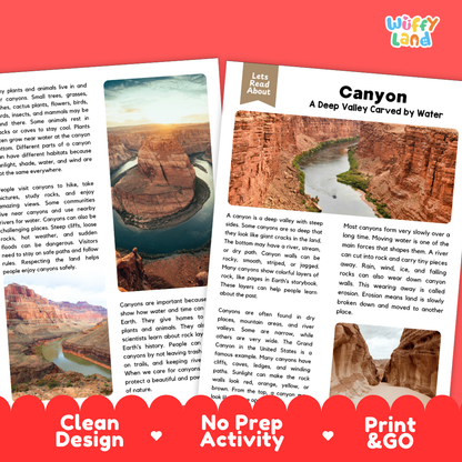 An educational activity booklet titled 'Canyon: A Deep Valley Carved by Water' from the brand 'Wiffly Land'. The booklet is displayed on a white background with a red banner at the bottom containing text like 'Clean Design', 'No Prep Activity', and 'Print & GO'.